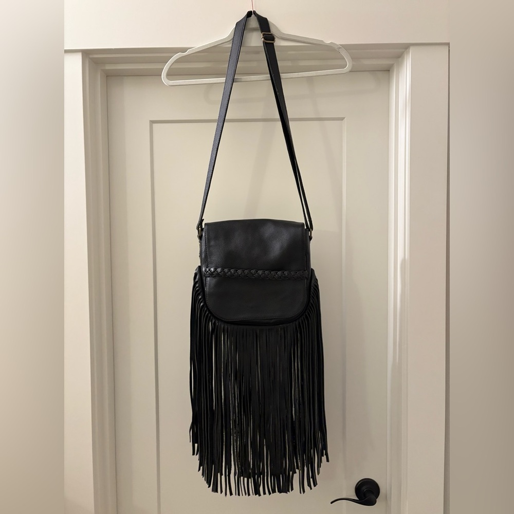 Custom, Handmade Black Leather Crossbody with Fringe